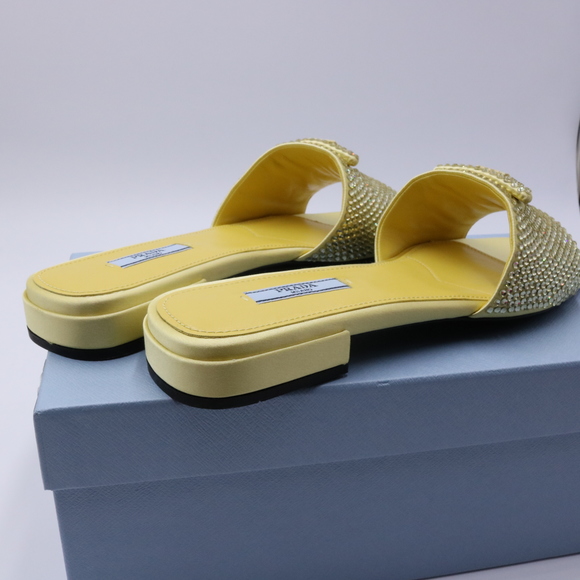Prada 39 Yellow Crystal Strassed Ciabatte Logo Calzature Donna Flat Slides E716 - Picture 7 of 13